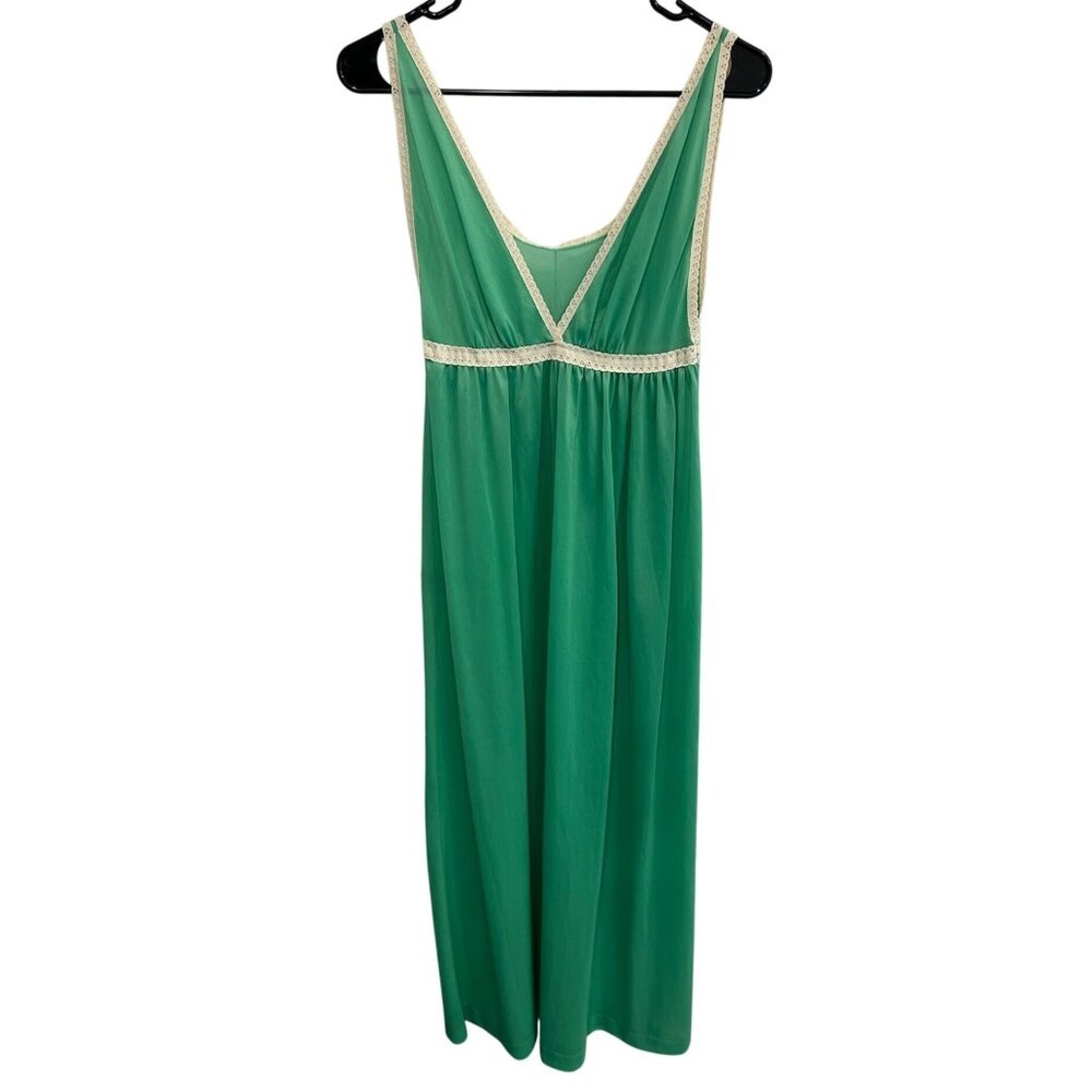 Vintage Green Sleeveless Maxi Nightgown Lace Trim Deep V Neckline Fairy